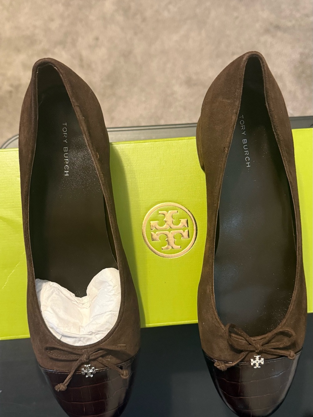 Tory Burch Dark Brown Suede Ballet Flats with Croc-Toe and Bow